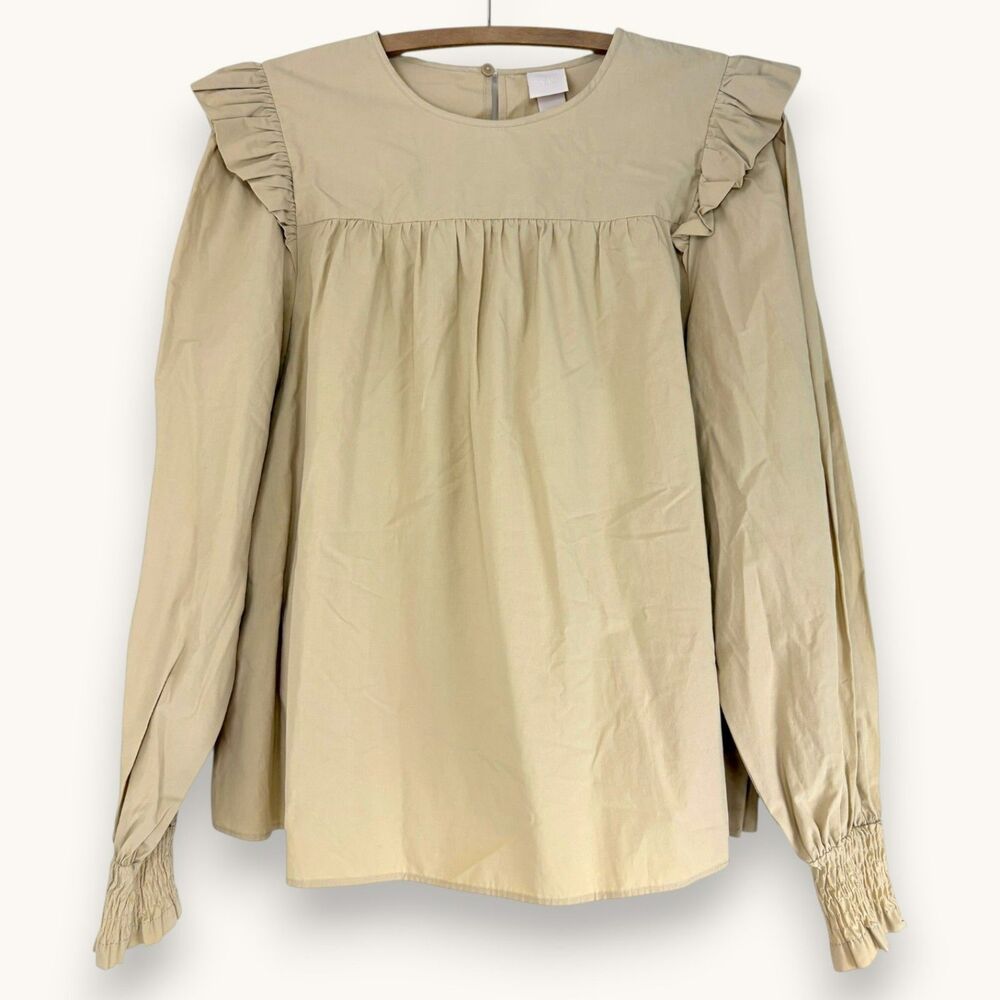 H&M Women's M Tan Prairie Boho Cottage Western Top Ruffled Long Sleeve Blouse